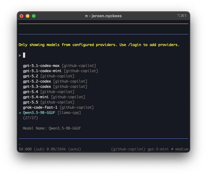 Pi model selector showing Qwen3.5-9B-GGUF